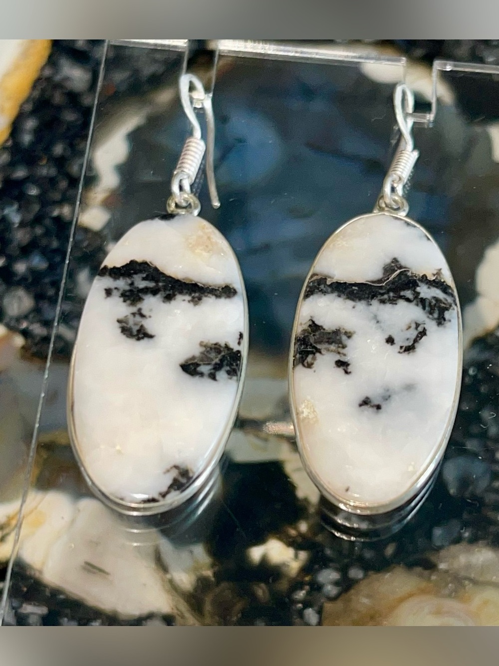 Thin White Buffalo Turquoise Earrings 2” - Picture 3 of 17